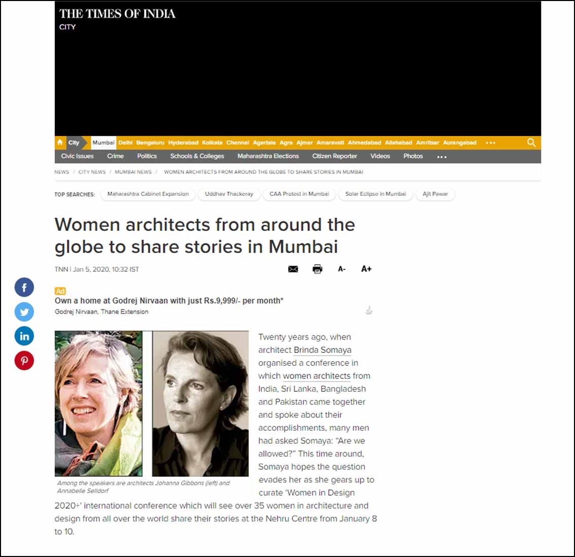 Women architects from around the globe to share stories in Mumbai, Time of India City - January 2020